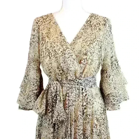 NWT Une Ami Beige & Gold Leopard Print Sheer Maxi Dress Bell Sleeves Size Medium - Picture 2 of 10